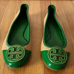 Tory Burch Woven Ballet Flats with Green Patent Leather